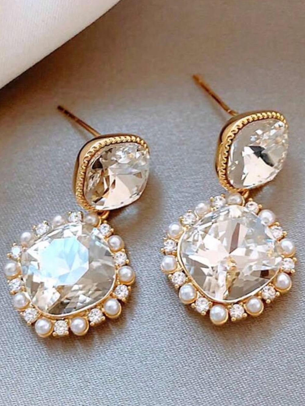 Gold Crystal and Pearl Halo Drop Earrings - Picture 4 of 5